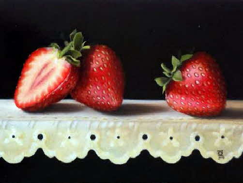 Three strawberries on lace by tonkinson