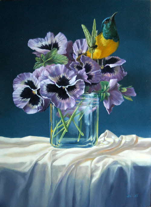 pansies and sunbird-by Tonkinson